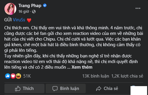 ViruSs ‘đáp trả’ Trang Pháp khi bị lên án: ‘Làm cha nhưng lại chê bai con người khác xấu’ 1 ViruSs ‘đáp trả’ Trang Pháp khi bị lên án: ‘Làm cha nhưng lại chê bai con người khác xấu’ 1