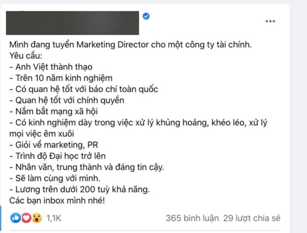 Bài đăng tuyển dụng mức lương 200 triệu vì sao ‘hot rần rần’ MXH những ngày qua? 2 Bài đăng tuyển dụng mức lương 200 triệu vì sao ‘hot rần rần’ MXH những ngày qua? 2