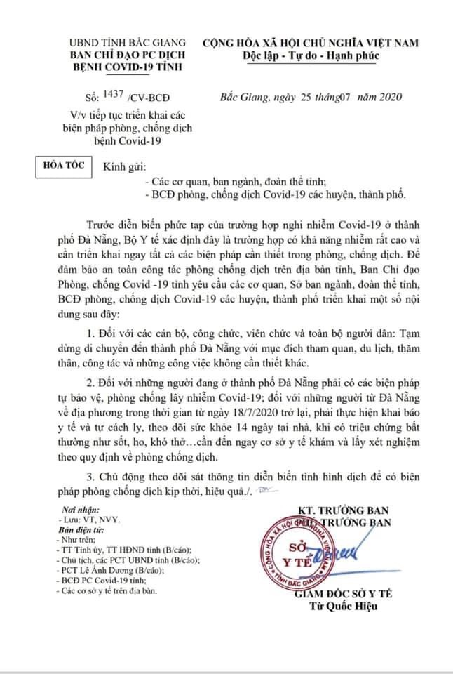 Bắc Giang yêu cầu người dân từ Đà Nẵng trở về phải tự cách ly 14 ngày 1