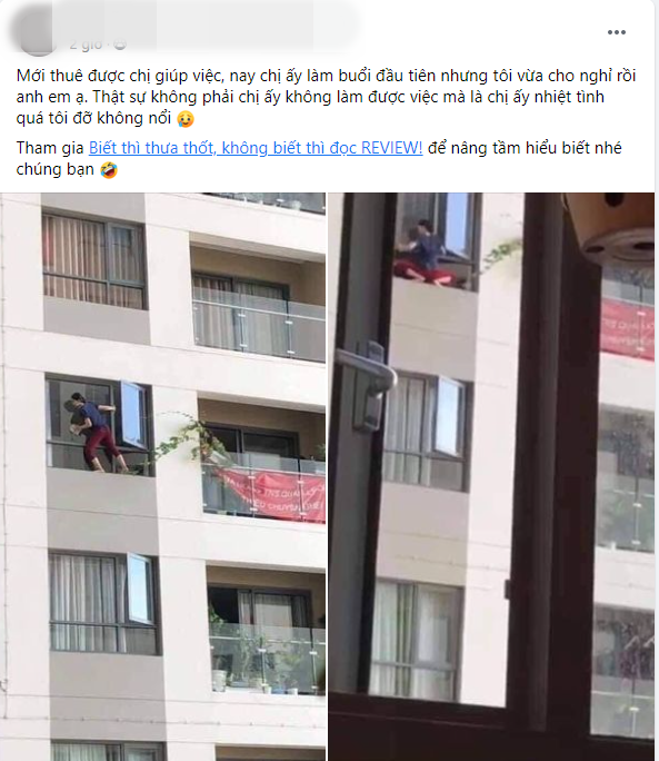 Hốt hoảng người phụ nữ không có đồ bảo hộ, leo ra ban công chung cư lau cửa sổ  1