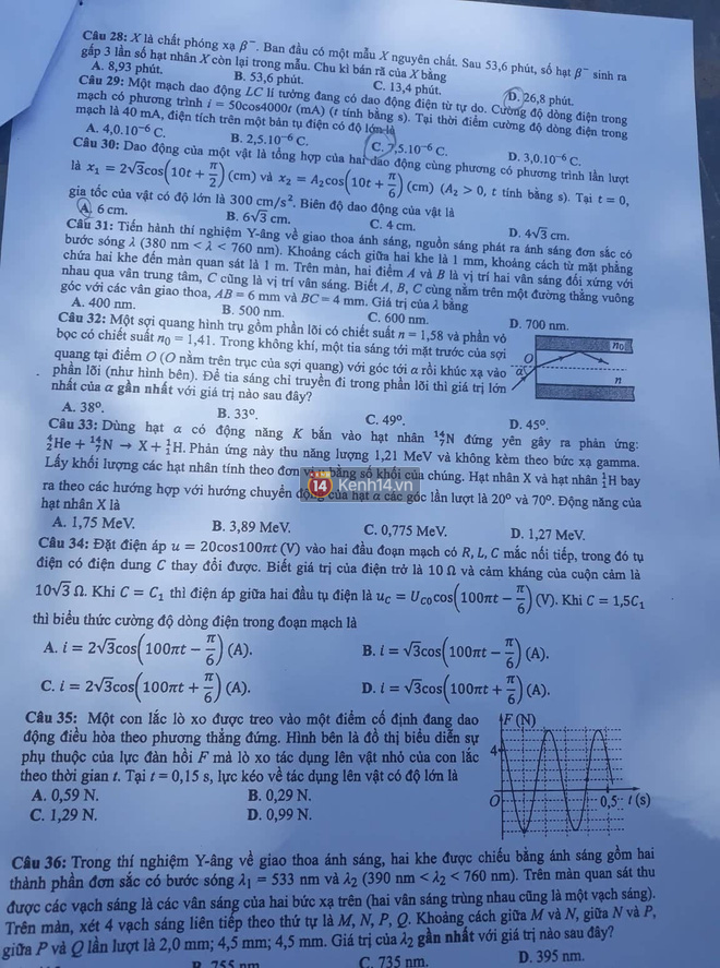 Đáp án gợi ý môn Lý mã đề 213 tốt nghiệp THPT quốc gia năm 2019 3