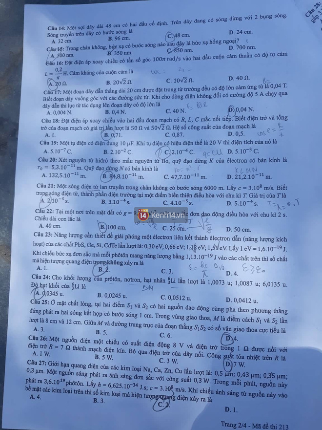 Đáp án gợi ý môn Lý mã đề 213 tốt nghiệp THPT quốc gia năm 2019 2