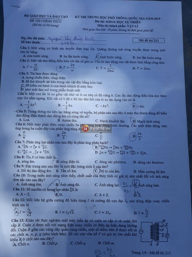 Đáp án gợi ý môn Lý mã đề 213 tốt nghiệp THPT quốc gia năm 2019 1