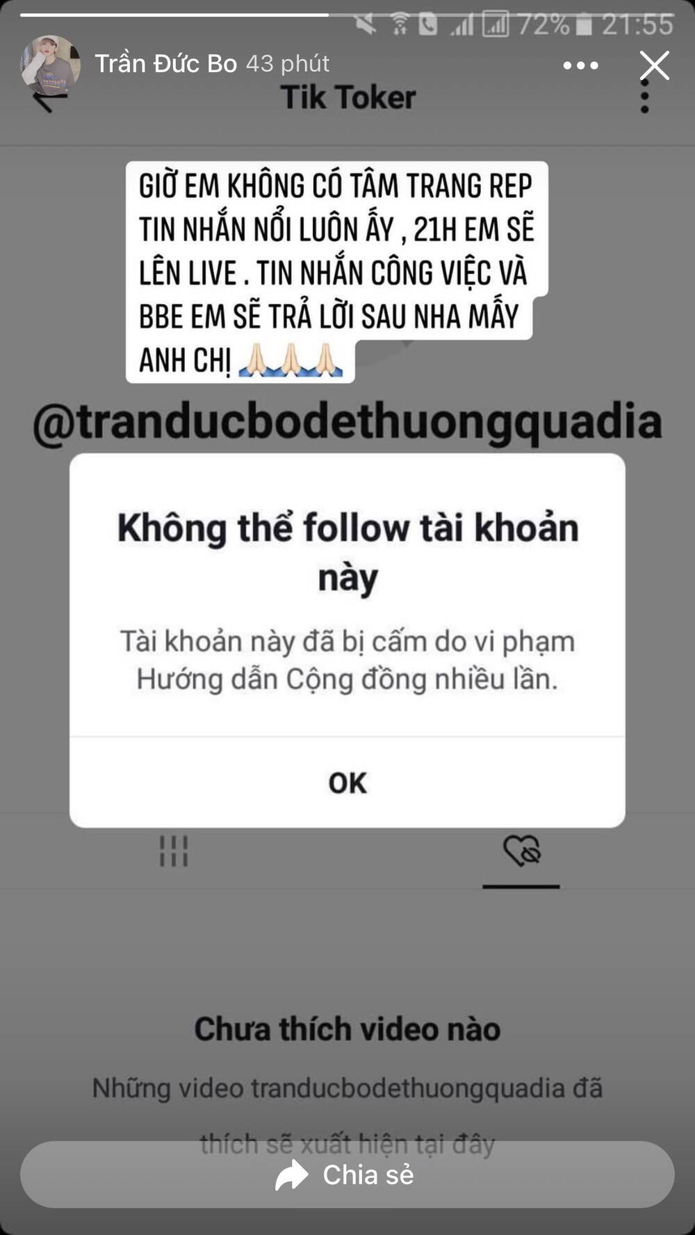 Mất cả tài khoản Tiktok lẫn Facebook, Trần Đức Bo lên tiếng đầy ẩn ý trong khi dân mạng lại hả hê ăn mừng 5 Mất cả tài khoản Tiktok lẫn Facebook, Trần Đức Bo lên tiếng đầy ẩn ý trong khi dân mạng lại hả hê ăn mừng 5