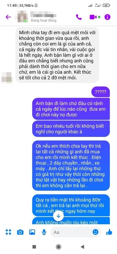Nam thanh niên chia tay đòi bạn gái 80 triệu tiền quà và cú 'lật kèo' ngoài tưởng tượng 2 Nam thanh niên chia tay đòi bạn gái 80 triệu tiền quà và cú 'lật kèo' ngoài tưởng tượng 2