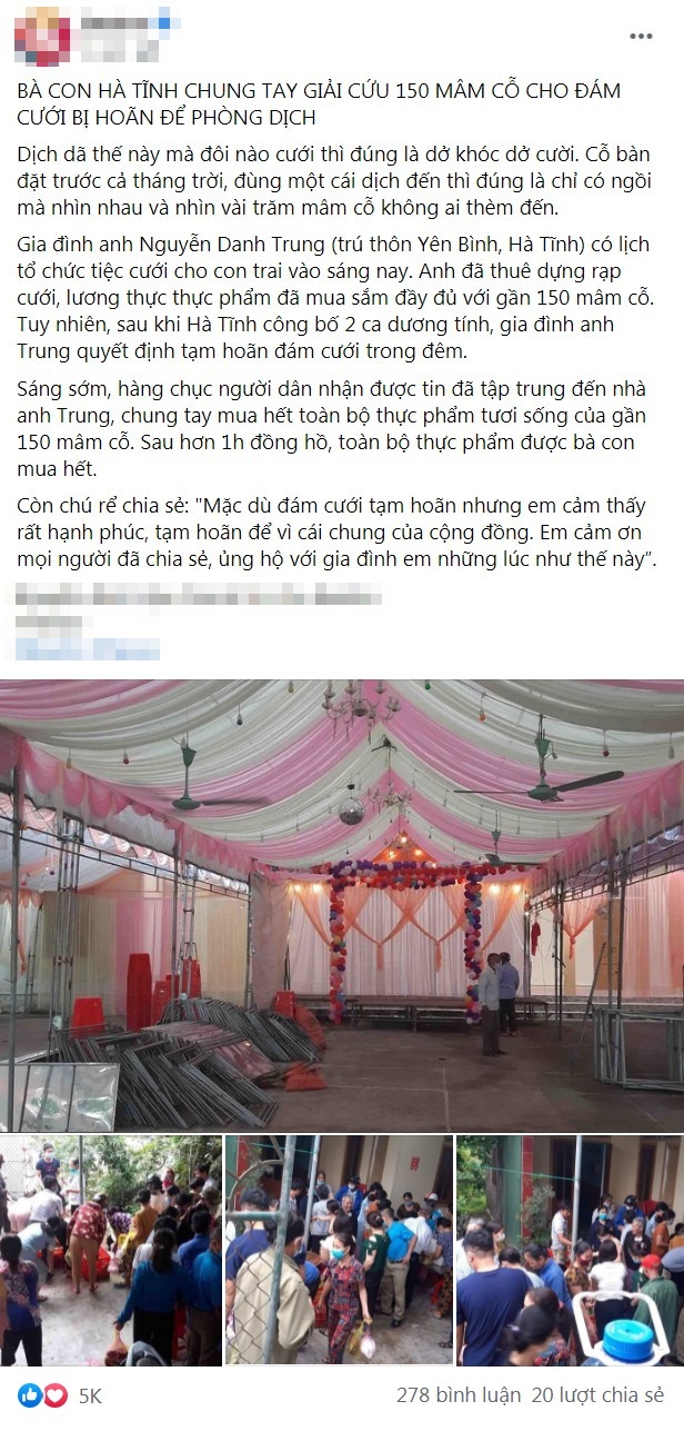 Người dân Hà Tĩnh 'giải cứu' 150 mâm cỗ cho đám cưới bị hủy để phòng dịch 1 Người dân Hà Tĩnh 'giải cứu' 150 mâm cỗ cho đám cưới bị hủy để phòng dịch 1