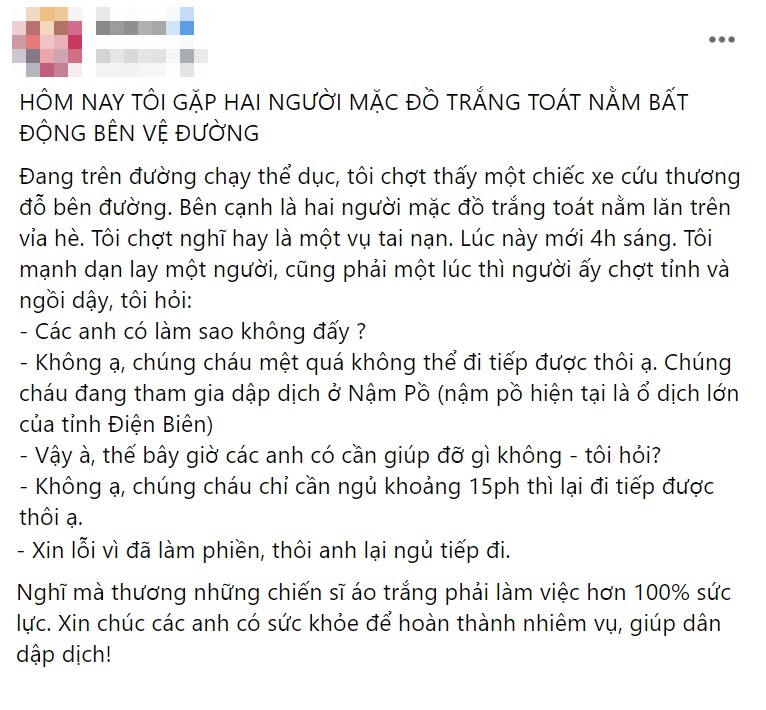 Chiến sĩ áo trắng chống dịch Covid-19 nằm vật bên vệ đường: Chỉ mong được ngủ 15 phút rồi lại tiếp tục hành trình 1 Chiến sĩ áo trắng chống dịch Covid-19 nằm vật bên vệ đường: Chỉ mong được ngủ 15 phút rồi lại tiếp tục hành trình 1