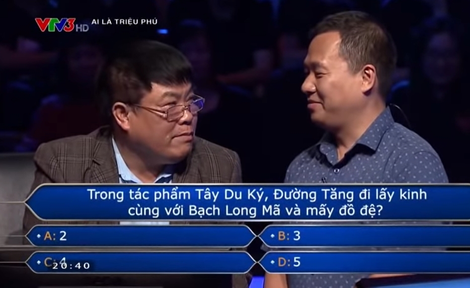 Người chơi Ai là triệu phú phải nhờ trợ giúp với câu hỏi: Đường tăng có bao nhiêu đồ đệ 2 Người chơi Ai là triệu phú phải nhờ trợ giúp với câu hỏi: Đường tăng có bao nhiêu đồ đệ 2