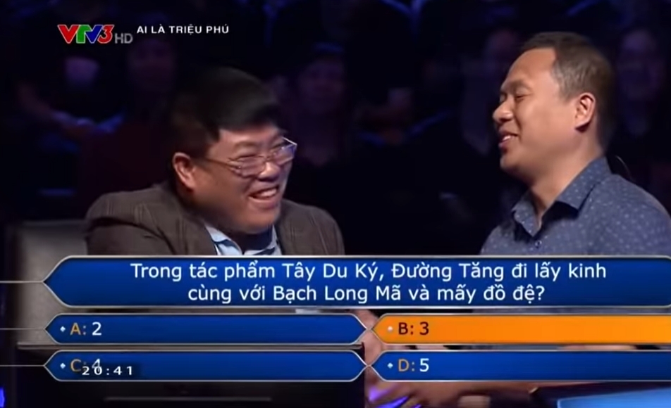 Người chơi Ai là triệu phú phải nhờ trợ giúp với câu hỏi: Đường tăng có bao nhiêu đồ đệ 3 Người chơi Ai là triệu phú phải nhờ trợ giúp với câu hỏi: Đường tăng có bao nhiêu đồ đệ 3
