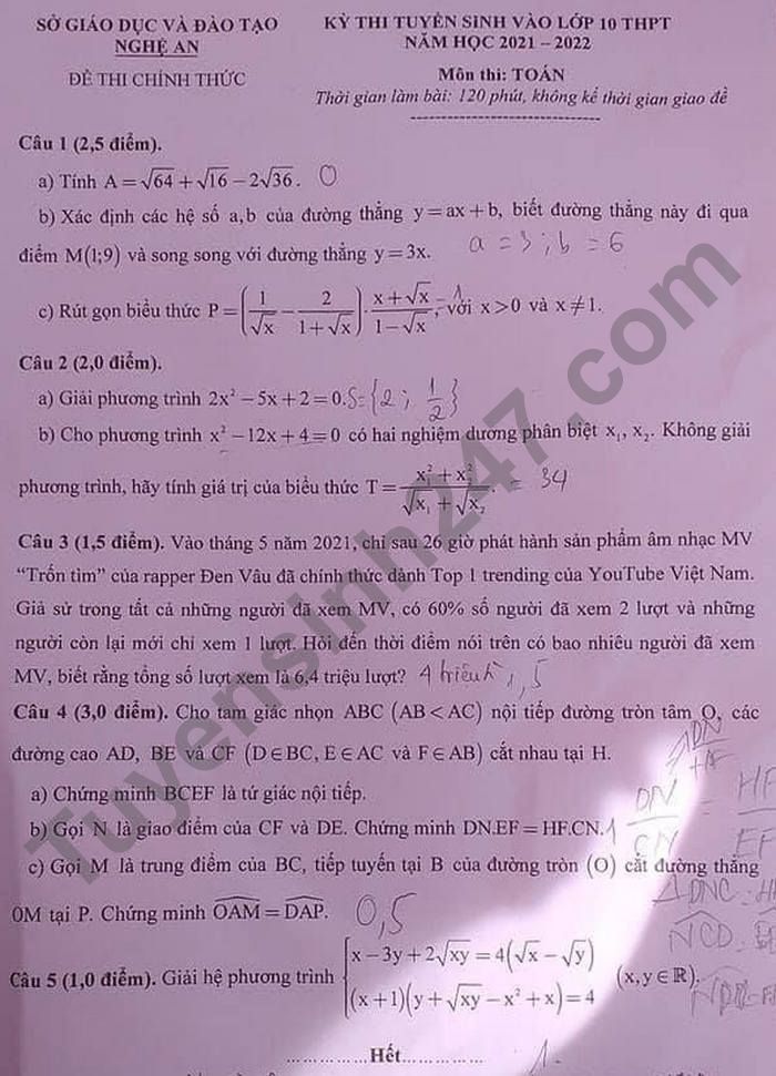 Đáp án đề thi vào lớp 10 môn Toán tỉnh Nghệ An 2021 - Ảnh 1 Đáp án đề thi vào lớp 10 môn Toán tỉnh Nghệ An 2021 - Ảnh 1