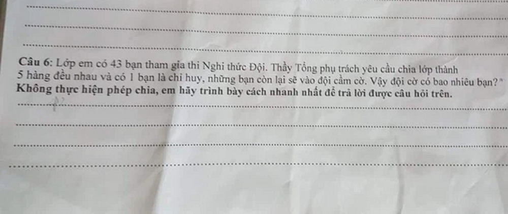 Bài toán lớp 4 yêu cầu 'chia 43 học sinh thành 5 hàng' khiến người lớn 'ngồi cắn bút' 1 Bài toán lớp 4 yêu cầu 'chia 43 học sinh thành 5 hàng' khiến người lớn 'ngồi cắn bút' 1