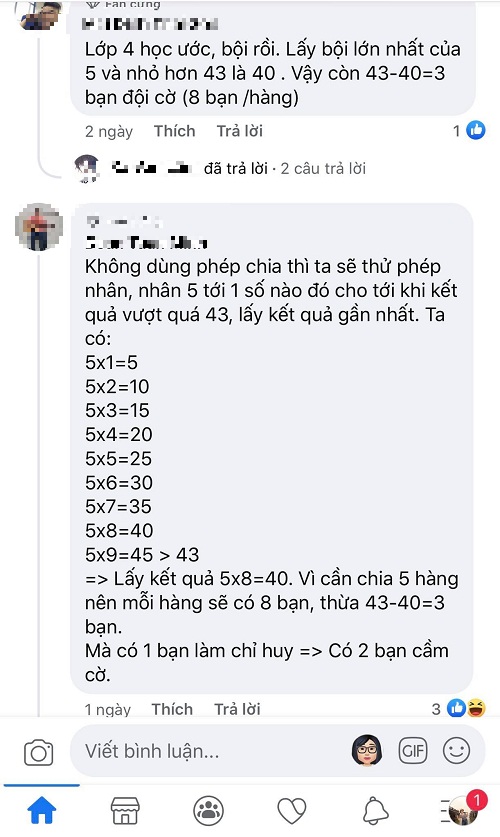 Bài toán lớp 4 yêu cầu 'chia 43 học sinh thành 5 hàng' khiến người lớn 'ngồi cắn bút' 2 Bài toán lớp 4 yêu cầu 'chia 43 học sinh thành 5 hàng' khiến người lớn 'ngồi cắn bút' 2