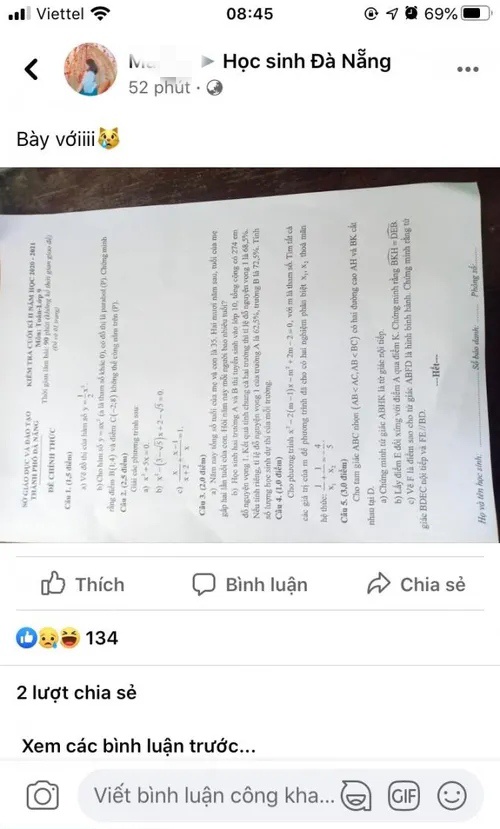 Học sinh Đà Nẵng đăng đề thi Toán lên Facebook kèm lời cầu cứu 'Bày với' 1 Học sinh Đà Nẵng đăng đề thi Toán lên Facebook kèm lời cầu cứu 'Bày với' 1
