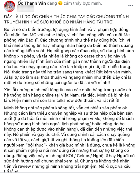 Ốc Thanh Vân tuyên bố không làm MC cho các chương trình về sức khỏe, xem lý do ai nấy đều ngao ngán 1 Ốc Thanh Vân tuyên bố không làm MC cho các chương trình về sức khỏe, xem lý do ai nấy đều ngao ngán 1
