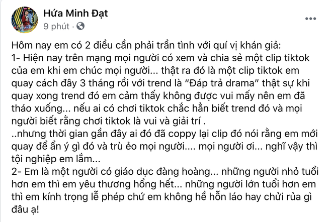 Hứa Minh Đạt chính thức lên tiếng sau khi bị ‘ném đá’ vì lời chúc ‘không bị đụng xe’: Em có giáo dục đàng hoàng 3 Hứa Minh Đạt chính thức lên tiếng sau khi bị ‘ném đá’ vì lời chúc ‘không bị đụng xe’: Em có giáo dục đàng hoàng 3