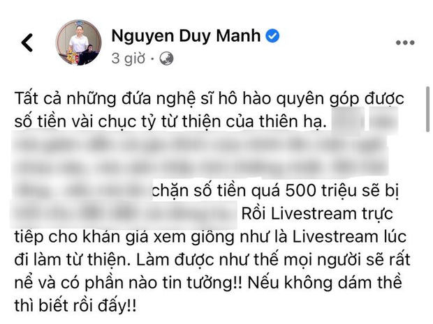 Giữa ồn ào nghệ sĩ làm từ thiện, Duy Mạnh có phát ngôn gây tranh cãi 1 Giữa ồn ào nghệ sĩ làm từ thiện, Duy Mạnh có phát ngôn gây tranh cãi 1