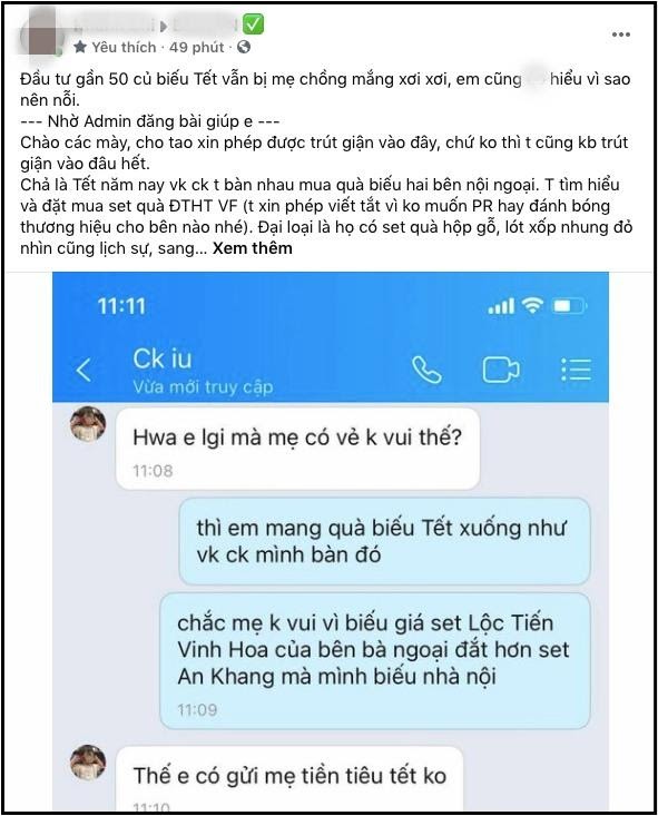 Đầu tư gần 50 triệu biếu Tết mẹ chồng, nàng dâu vẫn bị mắng xơi xơi 'vuốt mặt không kịp' vì điều này 1 Đầu tư gần 50 triệu biếu Tết mẹ chồng, nàng dâu vẫn bị mắng xơi xơi 'vuốt mặt không kịp' vì điều này 1